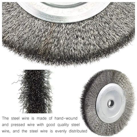 Close-up of a durable wire brush from the 6 Inch Silicon Carbide Bench Grinder Wheel With Half Inch Arbor And Durable Wire Brush, 120 Grit For Grinding, Polishing, Sharpening, Deburring, And Cleaning Drill Bits, Blades, And Knives In One Easy High Performance Setup, emphasizing bristles and structure.