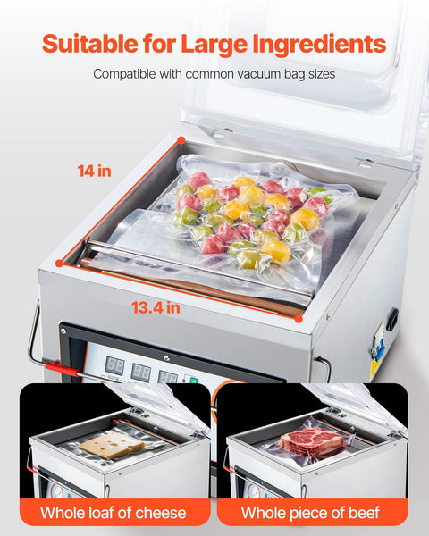 VEVOR chamber vacuum sealer with 12.6-inch sealing length; bag of mixed vegetables inside the chamber