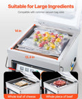 Chamber Vacuum Sealer 320W Power For Wet Foods And Meats Vacuum Packing Machine showing dimensions and various packed foods