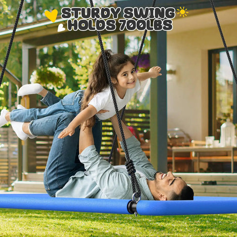 Father and daughter enjoying 60 Inch Rectangle Tree Swing With 700 Pound Capacity Open Flat Platform Heavy Duty Waterproof.