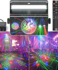 Party Lights And Disco Ball 2 In 1 RGB Color Changing Stage Lighting With Sound Activated Strobe illuminating rooms with vibrant beams.