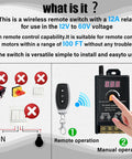 Universal Motor Speed Controller For 12V To 60V Systems With 12A Max Includes 2 Remote Controls DIY Ready Perfect For Motors LEDs And Fans 433MHz Wireless RF Switch Compact 100x50x36mm Receiver For Tight Spaces. 12V-60V 12A remote relay switch with handheld remote and manual knob