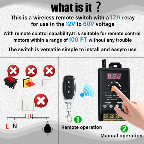 Universal Motor Speed Controller For 12V To 60V Systems With 12A Max Includes 2 Remote Controls DIY Ready Perfect For Motors LEDs And Fans 433MHz Wireless RF Switch Compact 100x50x36mm Receiver For Tight Spaces. 12V-60V 12A remote relay switch with handheld remote and manual knob
