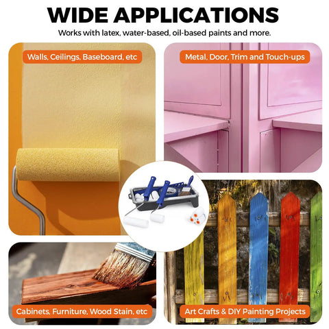 Wide applications collage for 20 Piece Small Paint Roller Kit With 4 Inch And 2 Inch Rollers, includes walls, doors, wood staining