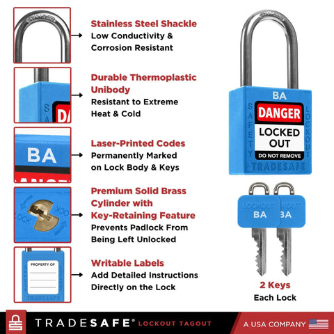 Blue Keyed Alike Lockout Padlock Set For Grouping Control, 10 Durable LOTO Locks With Two Keys Each, OSHA Compliant Padlocks