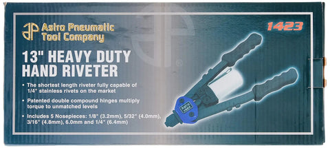 Box of Heavy Duty 13 Inch Hand Riveter with text highlighting its features including double compound hinges and size capacity.