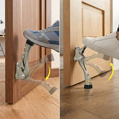 Kickdown Door Stoppers Bottom Mount Foot Pedal Latch Keeps Doors Wide Open prevents slamming with foot lever operation.