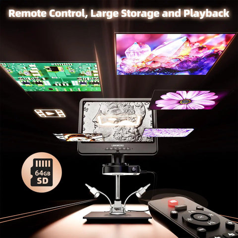4K 30FPS HDMI Digital Microscope With 10.1 Inch Screen For Soldering And Coin Viewing 1500X Magnification 3840P UHD Video Audio 56 LED Ring Light Full Coin View PC View 64GB, with remote