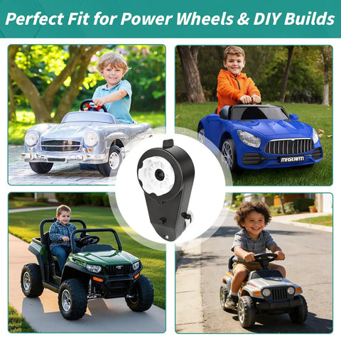 24V RS555 High Speed Gearbox Motor Upgrade For Kids Ride On Cars and Power Wheels, shown with children driving toy cars