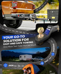 Heavy Duty Tow Hitch Ball Mount With 2 Inch Drop, 2 Inch Ball, 2 Inch Receiver. Truck towing a trailer, camping scene.