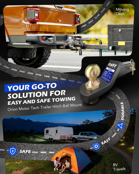Heavy Duty Tow Hitch Ball Mount With 2 Inch Drop, 2 Inch Ball, 2 Inch Receiver. Truck towing a trailer, camping scene.