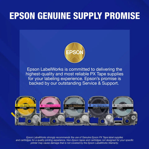Epson label supplies poster with printable heat shrink tubing cartridges and the Printable Heat Shrink Tubing 3mm White With Black Printed Text For Printer Systems, 8 Ft Long, 1/8 Inch Wide, Fits AWG 16-22, Easy Cable Labeling, Durable Heat Shrink Tape For Wiring.
