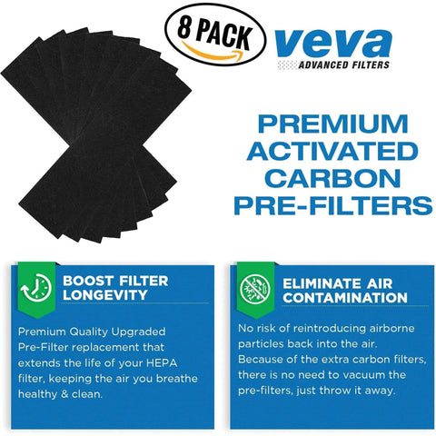 8 pack of premium activated carbon pre-filters for Fellowes AeraMax air purifiers boosting filter longevity and eliminating air contamination.