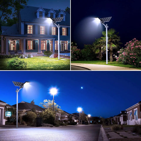 Lit 400W LED Solar Street Light Outdoor Dusk To Dawn 20000 Lumens With Motion Sensor And Remote illuminating a yard and street