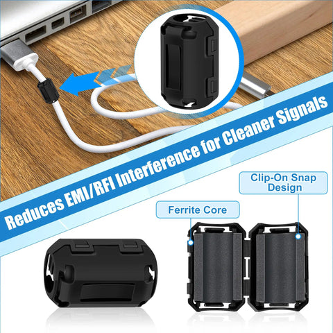 25 Piece Clip On Ferrite Core Bead Set For Cables EMI RFI Noise Suppressor installed on cables, showing design and function.
