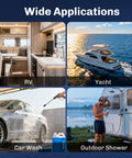 Collage showing uses of upgraded five chamber 12V RV fresh water pump: RV kitchen, yacht on water, car wash, and outdoor shower.