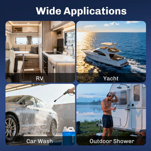 Collage showing uses of upgraded five chamber 12V RV fresh water pump: RV kitchen, yacht on water, car wash, and outdoor shower.