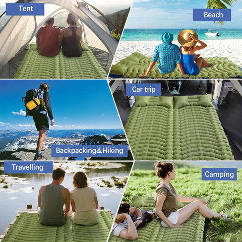 Ultralight Two Person Camping Sleeping Pad With Built In Pillow And Foot Pump Inflatable Four Inch Thick Mat in various settings