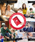 Collage of Compact 122 Piece Family First Aid Kit for Home Travel Camping Hiking Car School and Outdoor Adventures in different settings.