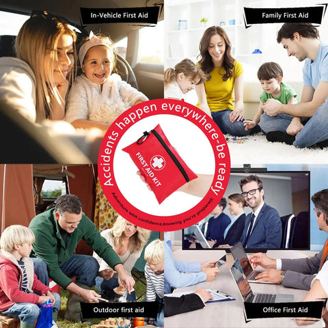 Collage of Compact 122 Piece Family First Aid Kit for Home Travel Camping Hiking Car School and Outdoor Adventures in different settings.