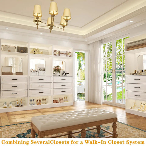 100 Inch White Freestanding Closet System With Smooth Glide Drawers And Full Length Mirrored Panel Badass All In One Bedroom Wardrobe Organizer with a stylish bench and natural light.