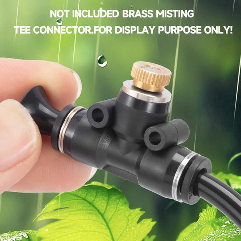 Close-up of brass misting tee connector with tubing, for Brass Misting Nozzles Pack With O Rings 0.012 Inch Orifice 10 By 24 UNC