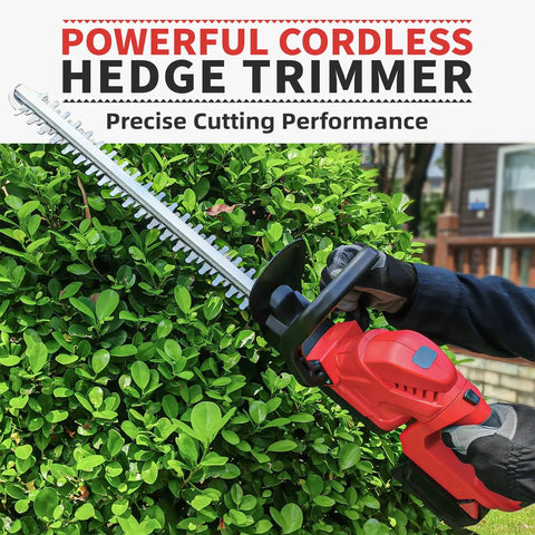 Cordless Hedge Trimmer With Swivel Handle and 52cm Dual-Action Blade, Brushless Motor in use trimming green hedges