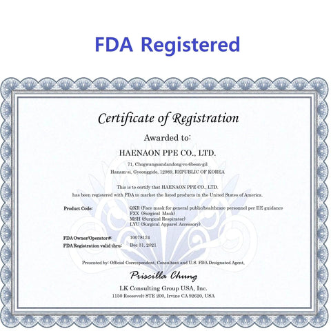 FDA registration certificate for Premium KF94 Face Mask For Adults, White Protective Mask With 4 Layer Nonwoven Fabrics