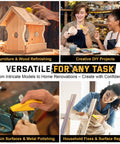 Premium Sandpaper Set With Ergonomic Hand Sander used on birdhouse, DIY crafts, resin, and furniture projects in four scenes.