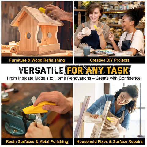 Premium Sandpaper Set With Ergonomic Hand Sander used on birdhouse, DIY crafts, resin, and furniture projects in four scenes.