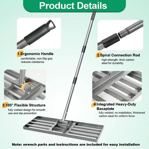 30-Inch By 10-Inch No-Fuss Pro-Grade Lawn Leveling Rake with adjustable handle and heavy-duty base for soil smoothing.