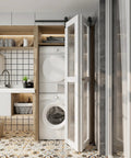 Bi-Folding Sliding Barn Door Hardware Kit For Two Doors 40 Inch Rail Low Ceiling Lite Version installed in laundry room
