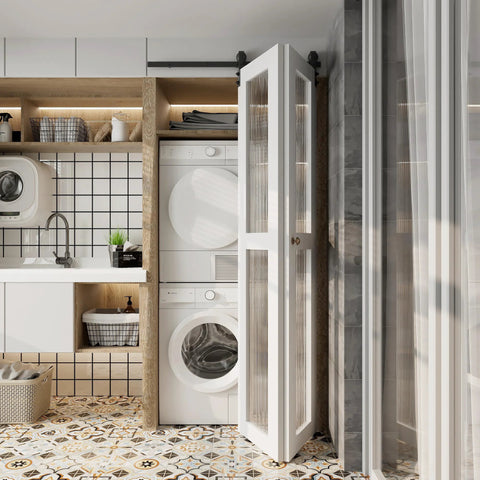 Bi-Folding Sliding Barn Door Hardware Kit For Two Doors 40 Inch Rail Low Ceiling Lite Version installed in laundry room