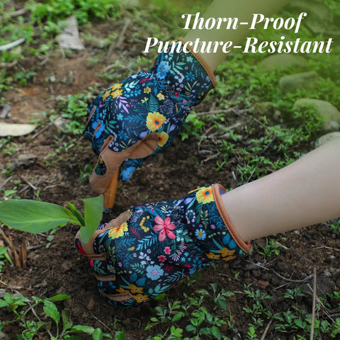 Women's Gardening Gloves With Thorn Proof Puncture Resistant Leather, Breathable Microfiber Back while planting a seedling