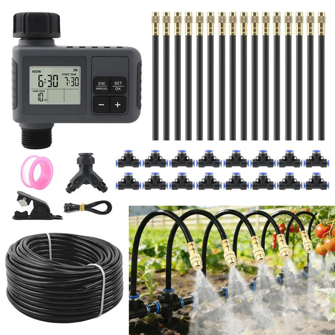 100FT Automatic Drip Irrigation Kit With Water Timer And 360 Degree Bendable Copper Atomizing Nozzles for gardens