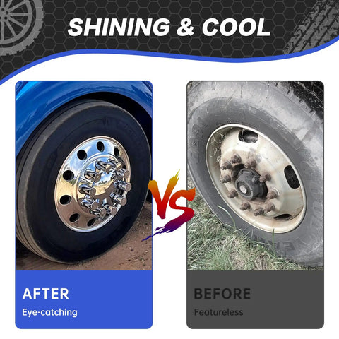 Before and after using 32 And 33mm Lug Nut Covers For Semi Trucks And Trailers Screw On ABS Chrome Wheel Hub Caps Kit With Installation Tool Flat Top Removable Covers 2 Front 4 Rear Rustproof And Durable Wheel Protection