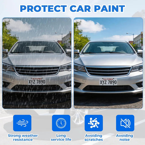 Heavy Duty Universal Front License Plate Bracket Mount No Sweat Setup For Standard Twelve By Six Inch Us Plates shown protecting car paint from rain and scratches.