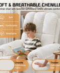 Child reading in Beige Chenille Swivel Rocker Recliner For Adults In Small Spaces, upholstered with soft breathable fabric.