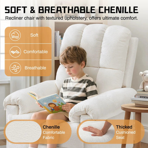 Child reading in Beige Chenille Swivel Rocker Recliner For Adults In Small Spaces, upholstered with soft breathable fabric.