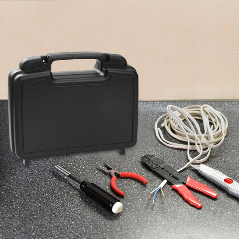 Badass Plastic Toolbox Portable Tool Case With Detachable Storage Tray And Super Grippy Handle on countertop with tools.
