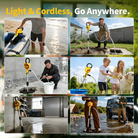 Cordless Stick Water Transfer Pump With 21V Battery And Fast Charger, various scenarios of use on boats, farms, and outdoor settings
