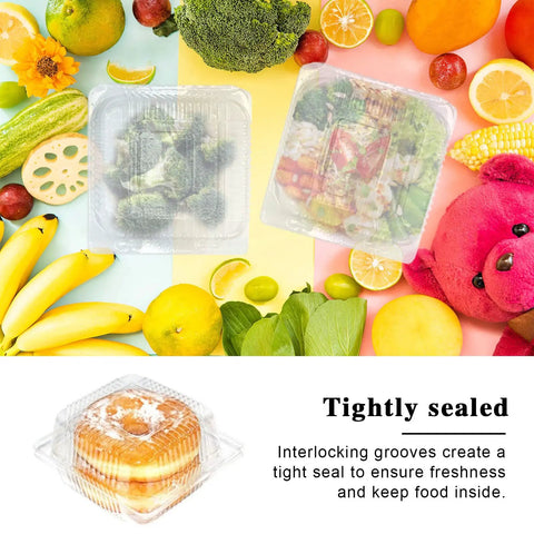 100 Pack Clear Hinged Plastic Food Containers With Lids For Cake Slices Cookies Pasta Sandwiches and Salads with fruit