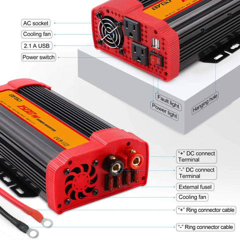 Heavy Duty 1500W Power Inverter Converts 12 Volt DC To 110 Volt AC featuring dual USB, cooling fan, and AC sockets.