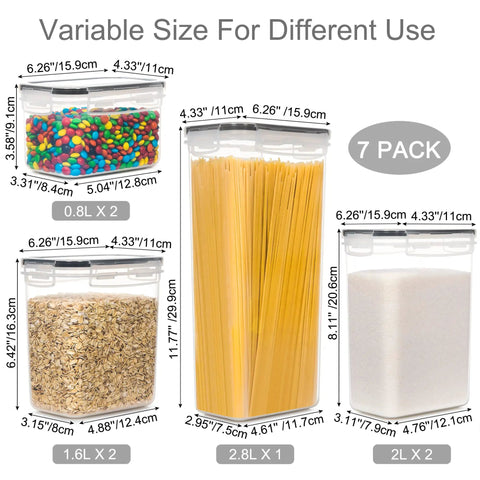 Four Airtight Food Storage Containers With Lids 7 Piece BPA Free Kitchen Canisters For Spaghetti, Flour, and Dry Goods.