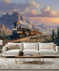 Steam Train Wall Mural Peel And Stick Vintage Locomotive Wall Art Removable Waterproof Self Adhesive Wallpaper For Living Room And Bedroom 197 By 120 Inches Old School Retro Western Wilderness Desert Scene with steam train crossing desert landscape.