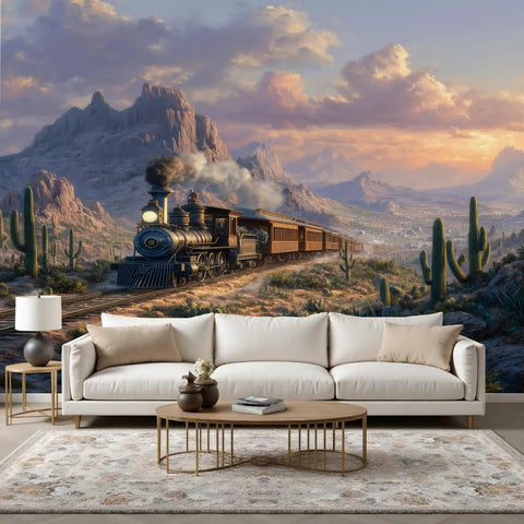 Steam Train Wall Mural Peel And Stick Vintage Locomotive Wall Art Removable Waterproof Self Adhesive Wallpaper For Living Room And Bedroom 197 By 120 Inches Old School Retro Western Wilderness Desert Scene with steam train crossing desert landscape.