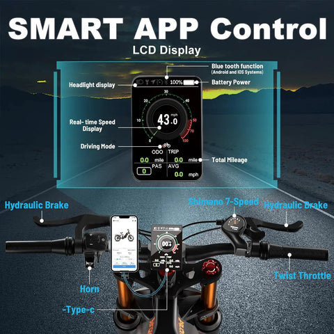 Ripping Through Dirt On This Badass 5400W Dual Motor Electric Fat Tire Bike For Adults Featuring A Massive 60V 70Ah Battery smart LCD display with speed and battery information.