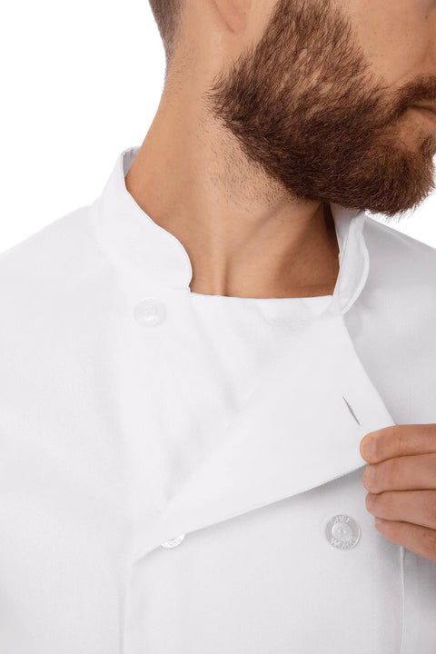 Close-up of Le Mans Chef Coat for Men White Large with Easy Movement Fit, showing flexible chest cut and durable polyester cotton blend.