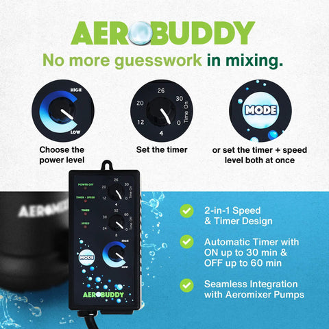 AeroBuddy variable speed controller with interval timer for 110V electric motors and water pumps, featuring on-off cycle settings.