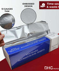 Hand pulling Heavy Duty Pre-Cut Aluminum Foil Sheets 12 x 10.75 Inches With Pop Up Dispenser For Easy Tear, showing embossed design and thickness.